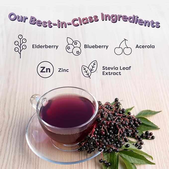 FlavCity Elderberry Immunity Tea Powder – Antioxidant-Rich Herbal Tea with Zinc & Acerola for Daily Immune Support – Sugar-Free, Shelf-Stable, Hot & Cold Brew, 30 Servings