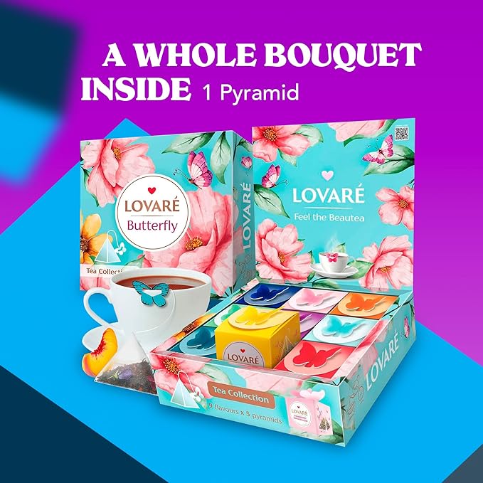 LOVARE Assorted Tea Pyramid Bags 45 Pack - Made in Ukraine - 9 Tastes of Tea Sampler Pyramids - Assortment with Black and Green Tea, Fruits, Flowers, Berries - Flavored Gift Box