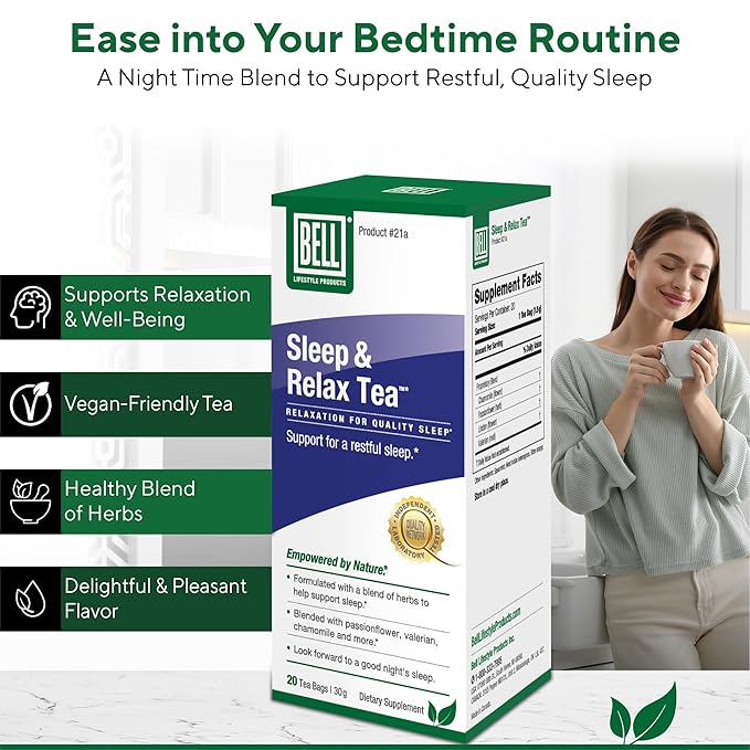 Bell Lifestyle Sleep & Relax Herbal Tea - Night Time Blend with Chamomile, Passionflower, Linden, Valerian, 100% Natural, Vegan, Caffeine-Free - 20 Tea Bags