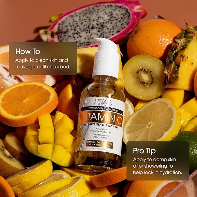 Advanced Clinicals Brightening Vitamin C Body Oil For Women & Men | Vitamin C Glow Oil Skin Care Body Moisturizer With Vitamin E + Botanicals To Help Improve Look Of Dark Spots + Dry Skin, 3.8 Fl Oz