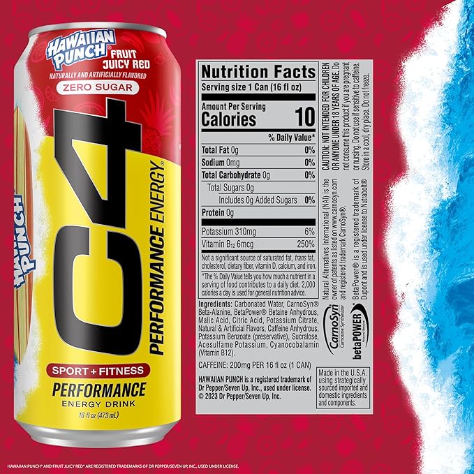 C4 Energy Drink, Hawaiian Punch Fruit Juicy Red, Carbonated Sugar Free Pre Workout Performance Drink with no Artificial Colors or Dyes, 16oz Pack of 12