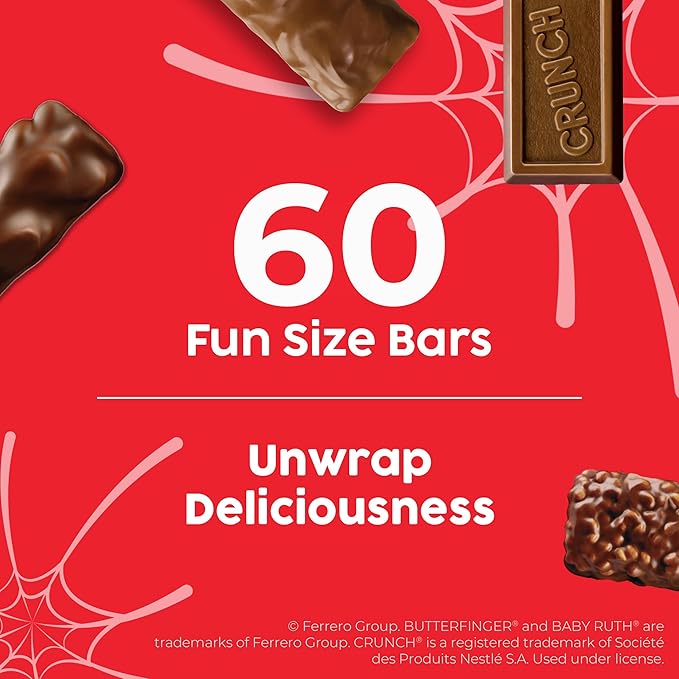 Butterfinger, CRUNCH, Baby Ruth, 100 Grand Fun Size Assorted Candy Bars, Great for Sharing, Bulk 60 Count Pack, 37.2 oz
