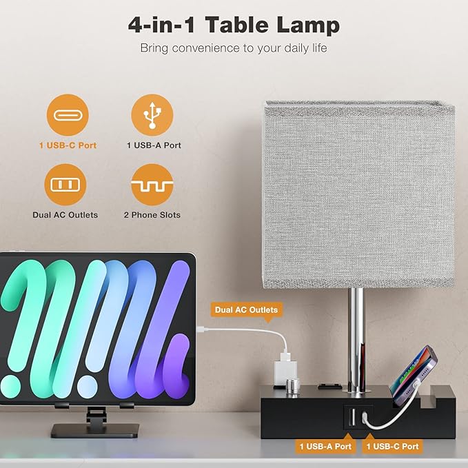 Kakanuo Fully Dimmable Bedside Lamps for Bedroom with USB C Ports, Grey USB Table Lamp Set of 2, Wooden Desk Lamp with 2 Charging Outlets and Phone Stand for Nightstand and Living Room, Bulb Included