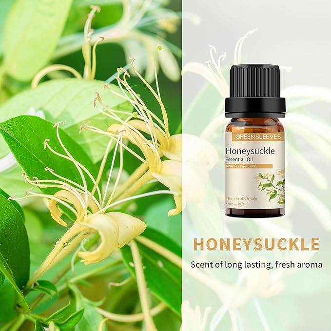 GREENSLEEVES Honeysuckle Lily Essential Oil Set, 2 x 10ml Pure Plant-Based Fragrance Oil for Aromatherapy, Essential Oils for Diffuser, Massage, Bath Bomb, Scented Candle Soap Making