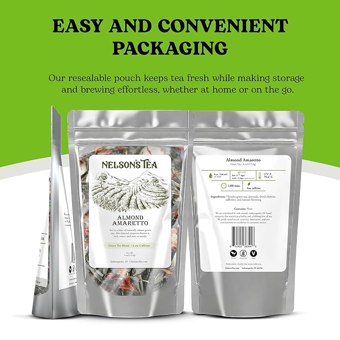 Nelson's Tea Almond Amaretto - Herbal Green Loose Leaf Tea, Curated Blend with Sencha Green Tea, almonds, Dried Cherries, and Safflower - Perfect for Bedtime Brew (4 oz)