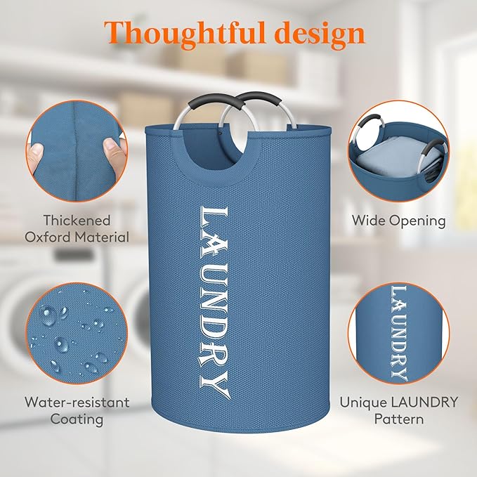 Lifewit 120L 2-Pack Large Laundry Basket, Collapsible Laundry Hamper with Aluminum Handles, Waterproof Freestanding Dirty Clothes Hampers for Laundry Room Bedroom Dorm Bathroom, Blue