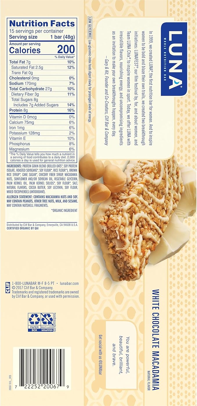 Clif, Bar Luna White Chocolate Macadamia 15 Count, 25.35 Ounce
