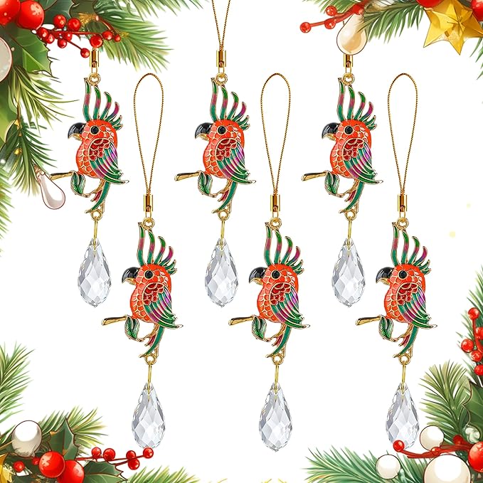 H&D HYALINE & DORA 6Pcs Parrot Ornament Parrot Christmas Tree Decor Birds Lovers Gift Crystal Ornament Christmas Window Party Decorations