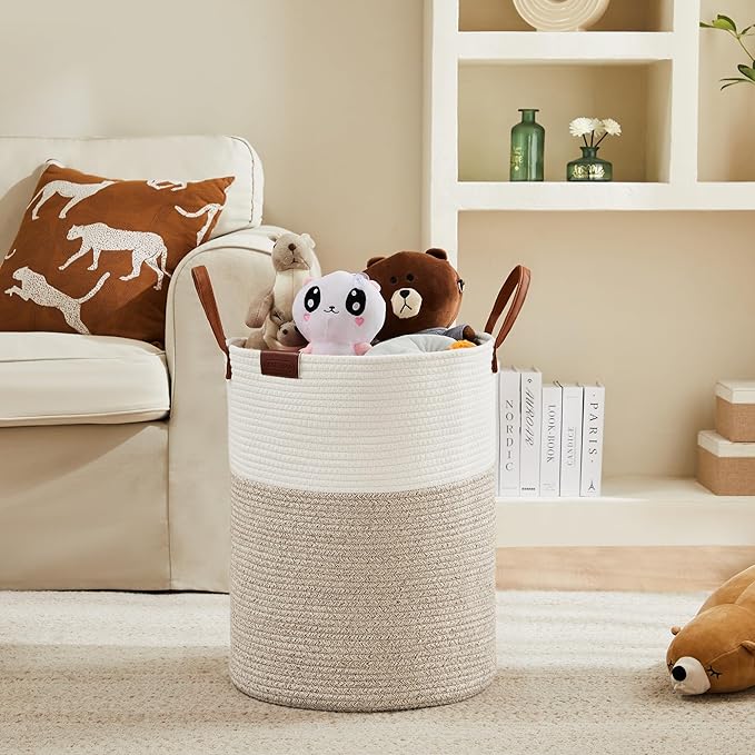 Cotton Rope Laundry Hamper by YOUDENOVA, 72L - Woven Collapsible Laundry Basket - Clothes Storage Basket for Blankets, Laundry Room Organizing, Bedroom Storage, Clothes Hamper – White & Brown