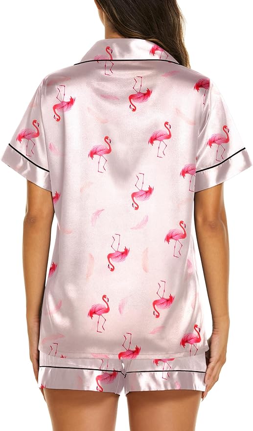 Ekouaer Silk Pajamas for Women Short Sleeve Sleepwear Soft Button Down Loungewear 2 Piece Satin Pjs Shorts Set S-XXL
