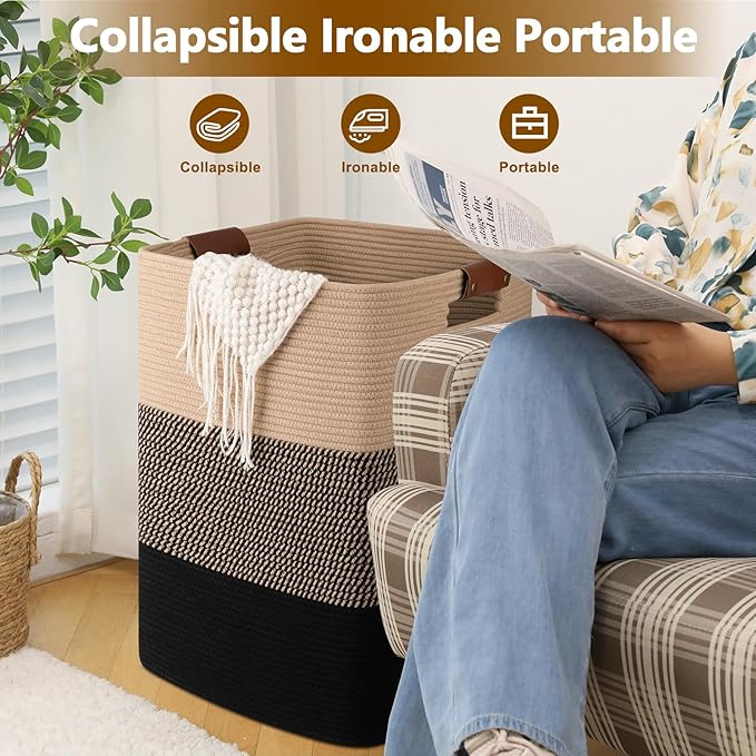 Laundry Hamper 96L Extra Large Laundry Basket, Woven Blanket Basket, Cotton Woven Storage Hamper with Handles for Living Room, Large Baskets for Pillows, Blankets, Clothes-Black & Yellow