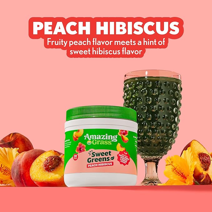 Amazing Grass Sweet Greens and Superfoods Powder for Digestive Health, Greens Powder, Digestive Enzymes, Probiotics, Spirulina, Chlorella, Peach Hibiscus, 30 Servings