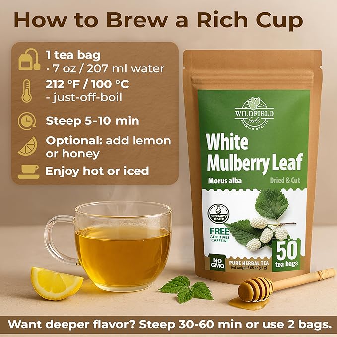 50 Bags White Mulberry Tea Mulberry Leaf Herbal Tea (Morus Alba) - 50 Count 1.5g Bags Herb Hoja De Morera