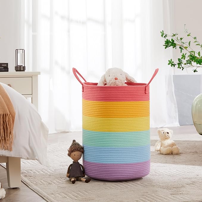 20 Inches Rainbow Baby Girls Kids Hamper Laundry Basket for Nursery Toddler Clothes Blanket Toy Storage Woven Rope Unicorn Hamper in Playroom Bedroom Large