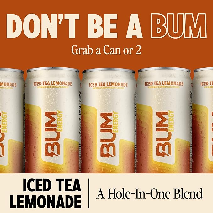 BUM Sugar-Free Energy Drink, Iced Tea Lemonade - No Artificial Colors, Natural Caffeine & Citicoline for Energy & Focus, Brain Boost & Workout Sports Beverage - 12 oz, Pack of 12