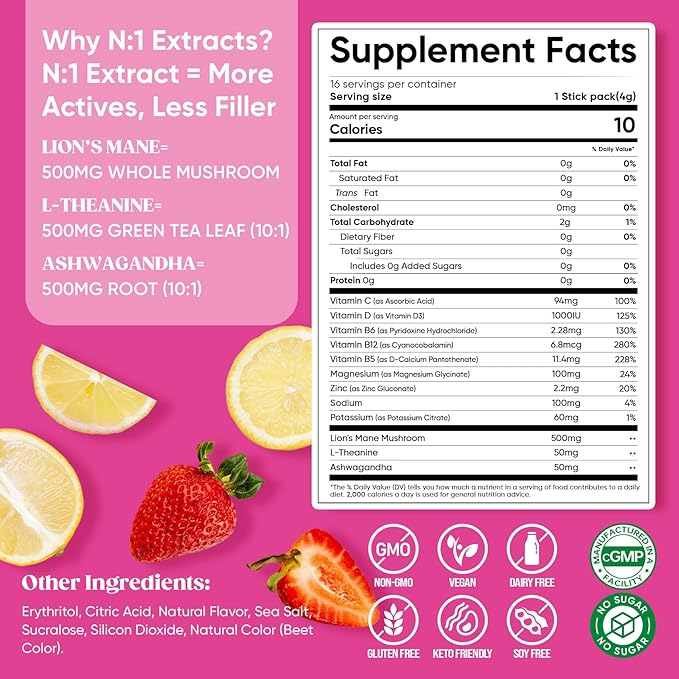 Venture Pal Calming Powdered Drink Mix, Magnesium Glycinate, Ashwagandha, L-Theanine,Vitamin D, Lions Mane, Sugar Free Magnesium Supplement Blend for Relax & Focus, Non GMO, Vegan, On The Go