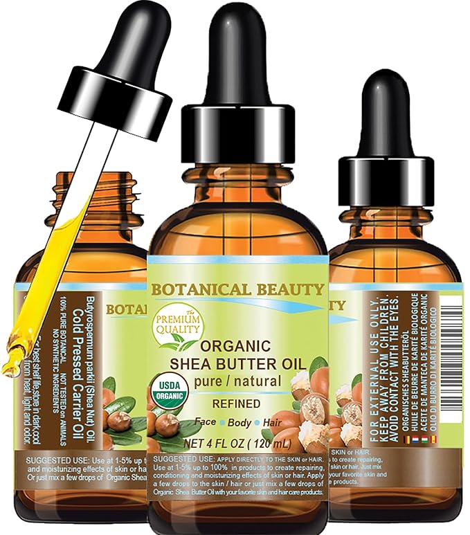 Botanical Beauty Organic SHEA BUTTER OIL 100% Pure Natural Undiluted Refined Cold Pressed Carrier Oil for Face, Skin, Hair, Lip, Nails. African Shea (Karite) Nut Oil (4 Fl Oz)