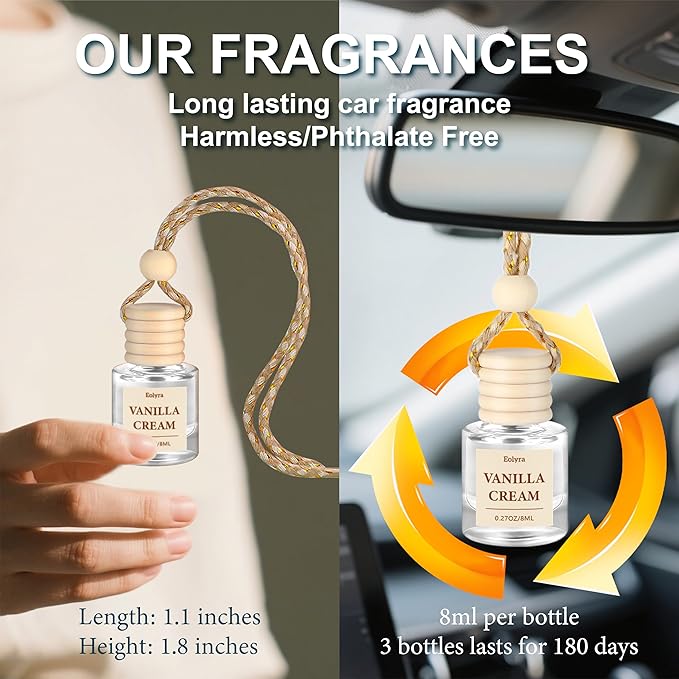 Hanging Car Air Freshener (Pack of 3) : Luxury Car Perfume for Women Men | Cute & Reusable Bottle with 45+ Days Long-Lasting Fragrance Oil Diffuser, Vanilla Cream