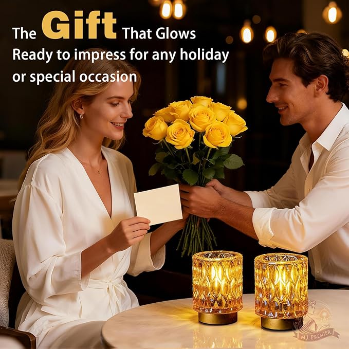 Battery Operated Table Lamps Timer, Mini Crystal Lamp for Area No Plug, Cordless Lamp with LED Bulb for Power Outage, Decorative Lamps for Tabletop/Corner/Entryway/Stairway/Bathroom/Fireplace(2*AMBER)