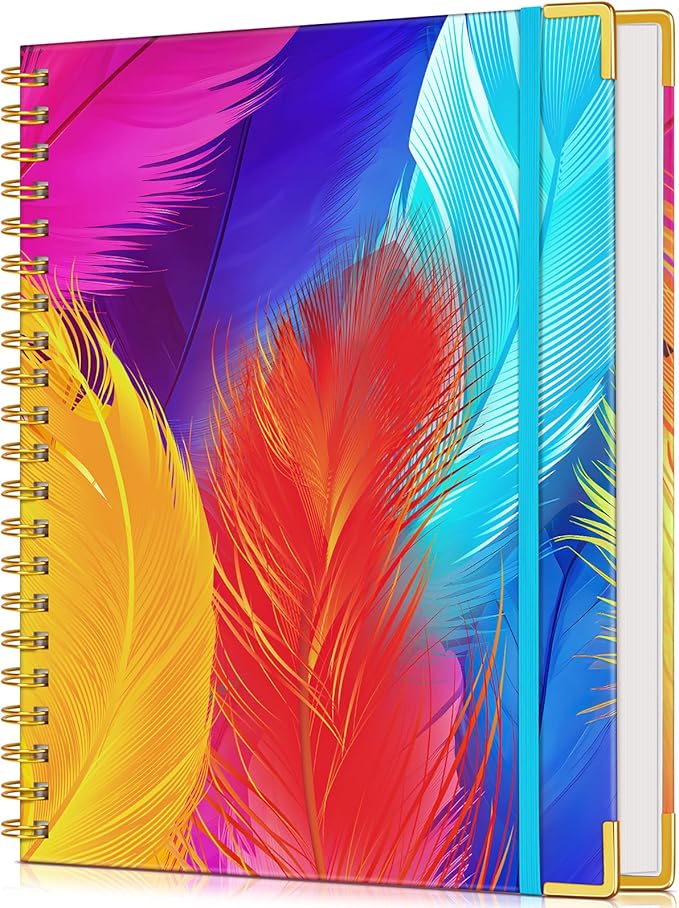 Lined Spiral Notebook Journal for Women, 200 Pages Cute Notebooks 8.5” x 11”, A4 Large Hardcover Spiral Journals with 100 GSM Thick Paper, College Ruled Notebook for Writing Work School, Colorful Feather