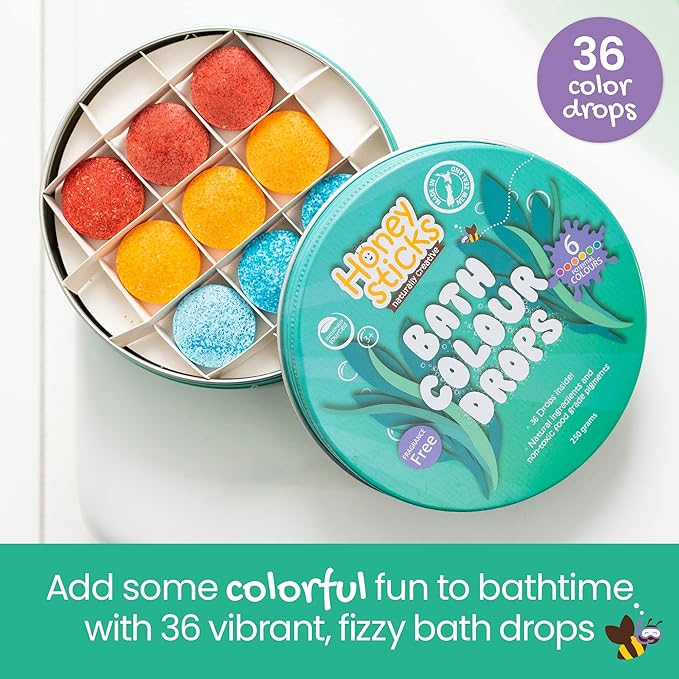 Honeysticks Bath Color Tablets for Kids - Non Toxic Bathtub Drops Made with Natural Ingredients and Food Grade Colors - Fragrance Free - Fizzy, Brightly Colored Bathtime Fun, Great Gift - 36 Drops