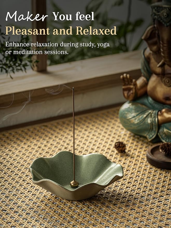 Incense Holder with 3 Incense Sockets 6 Inch Incense Burner 4 in 1 Insence-Stick Holder Lotus-Shaped Bowl Incense Holder for Sticks Modern Incense Cone Burner for Yoga, Green
