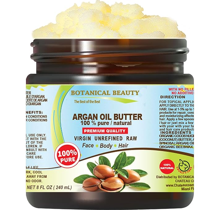 Botanical Beauty ARGAN OIL BUTTER RAW 100% Pure Natural VIRGIN UNREFINED Cold-Pressed for Face, Skin, Body, Hair, Lip, Nails. Rich in Vitamin E (8 Fl Oz)
