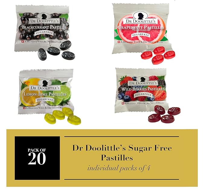 Dr. Doolittle’s Pastilles Sugar Free Variety Pack for Voice and Throat, Blackcurrant, Grapefruit, Lemon Lime, and Wild Berries, .33 oz Travel Size Bag, approximately 4 Count, 20 Pack