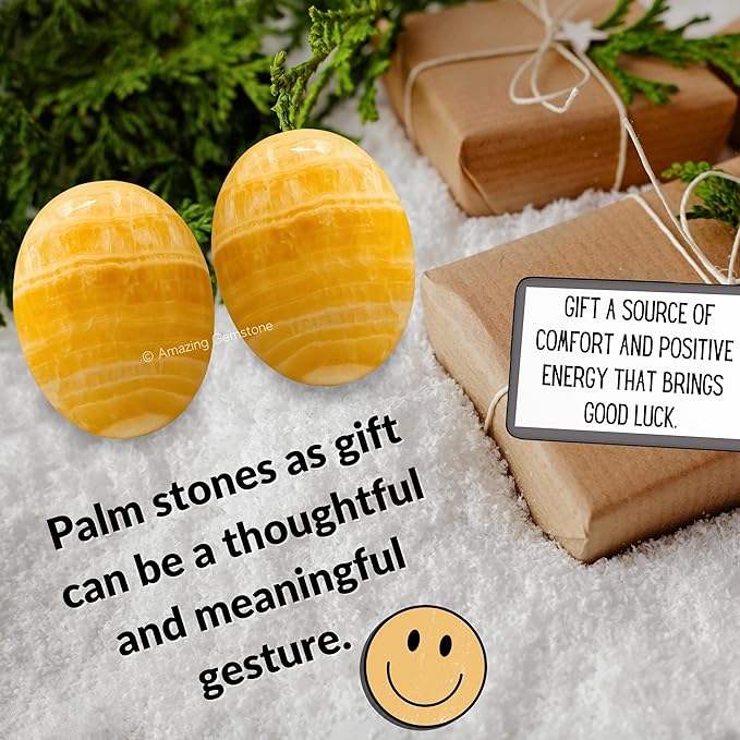 Yellow Calcite Crystals and Healing Stones - Large Palm Stone Crystals Piedra - Crystal for Good Luck, Positive Energy, Meditation - Unique Stocking Stuffers and Birthday Gifts for Women, Men
