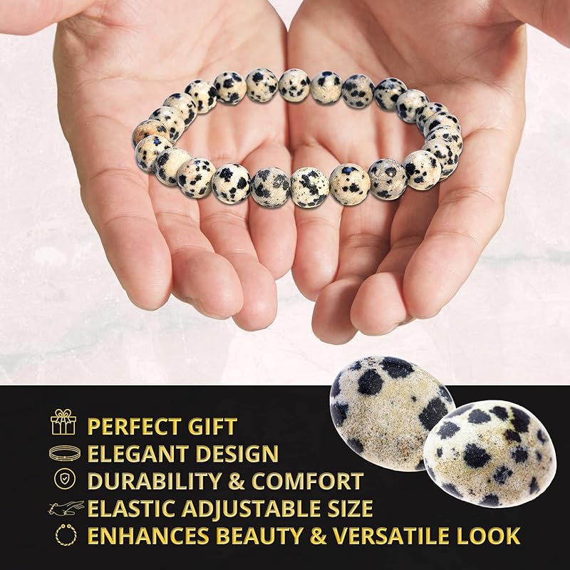 Dalmatian Jasper Bracelet, Healing Crystal Bracelet for Women and Men, 8mm Round Beaded Bracelet for Spiritual Healing, Protection, Positive Energy, Elastic Adjustable Size Gemstone Bead Bracelet
