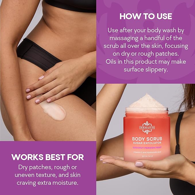 Dermasuri - Exfoliating Sugar Scrub - Body Scrubber for Men & Women - Exfoliates & Removes Dead, Dry Skin for a Soft & Radiant Glow - Deep Hydration - Stocking Gifts for Women - Coconut Passion Fruit