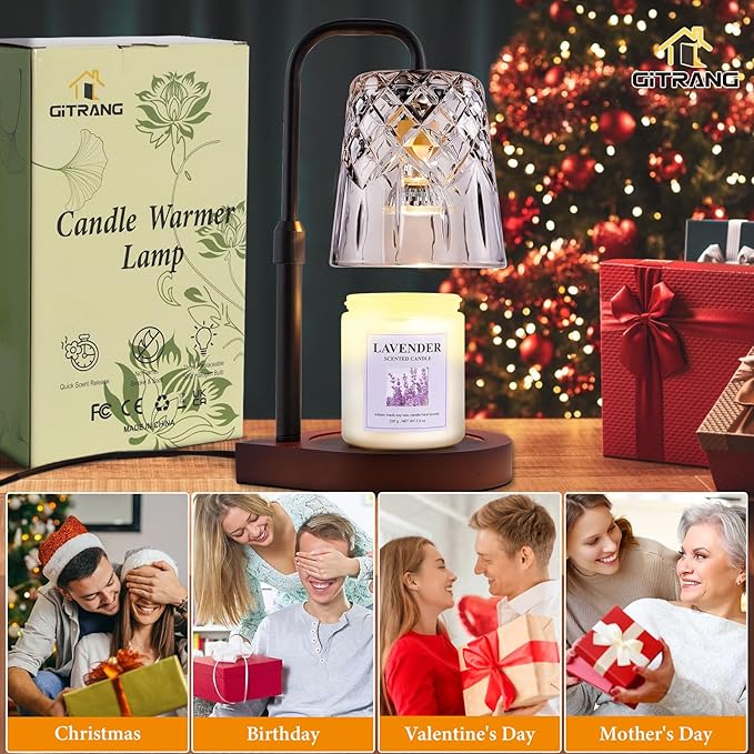 Candle Warming Lamp with Timer Dimmer, Adjustable Height Electric Wax Melt Warmer for Jar Candles with 3 Bulbs, Mother's Day Women's Home Decor Gift, Teardrop Base with Black Pole