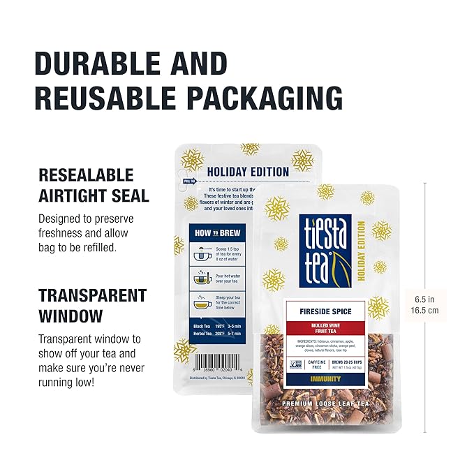 Tiesta Tea - Fireside Spice, Loose Leaf, Mulled Wine Herbal Tea, Premium Non-Caffeinated Holiday Blend, Make Hot or Iced, Brews Up to 25 Cups, 1.5 Ounce Resealable Pouch