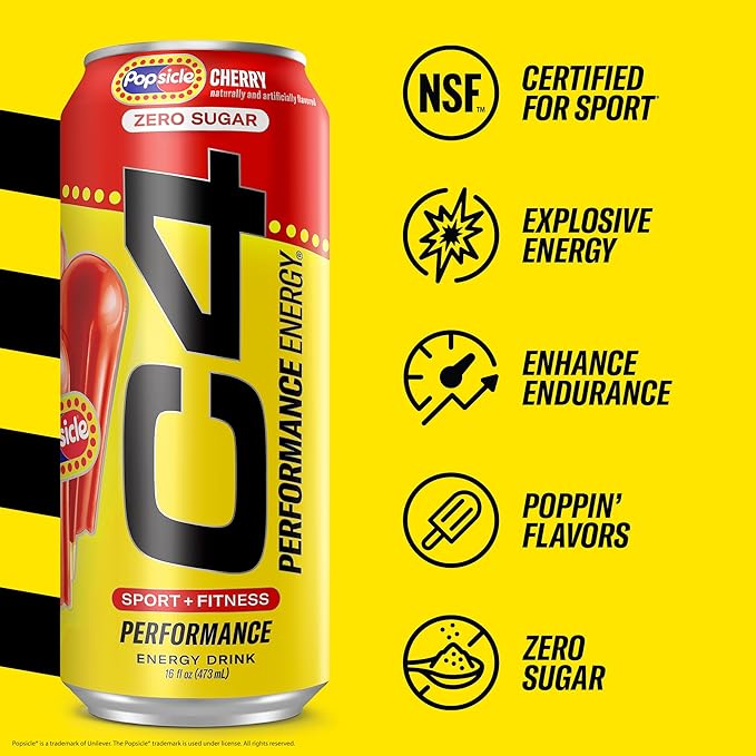 Cellucor C4 Energy Drink Cherry, Carbonated Sugar Free Pre Workout Performance Drink with no Artificial Colors or Dyes, 16 Oz, Pack of 24