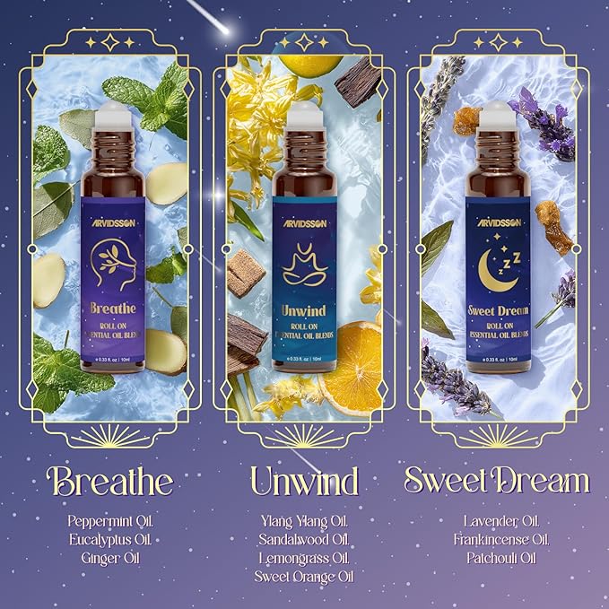 Essential Oils Roll On Set, Natural Aromatherapy Oil Roller for Body, Skin, Massage, Essential Oil Blends - Sweet Dream, Unwind, Breahte, Balance, Focus, Happy, Gifts for Women