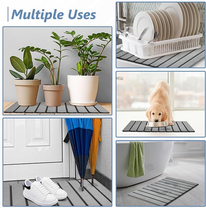 AWW Foldable Stone Bath Mat, Super Absorbent Diatomaceous Earth Mats, Non-Slip 23.6 x 15.5 Inch Quick Drying Mat, Compact and Easy to Store Bath Mats for Bathroom, Easy to Clean, Grey