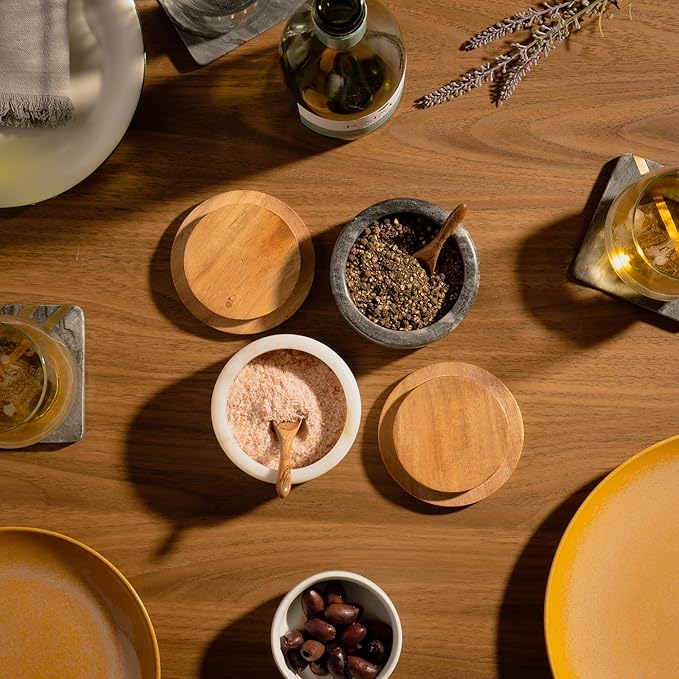 Cork & Mill Grey Marble Salt Cellar with Acacia Wood Lid and Spoon - Elegant Modern Salt Container for Countertop - Handcrafted Pepper Pot - Wide 4” Pepper Holder with Non-Skid Feet