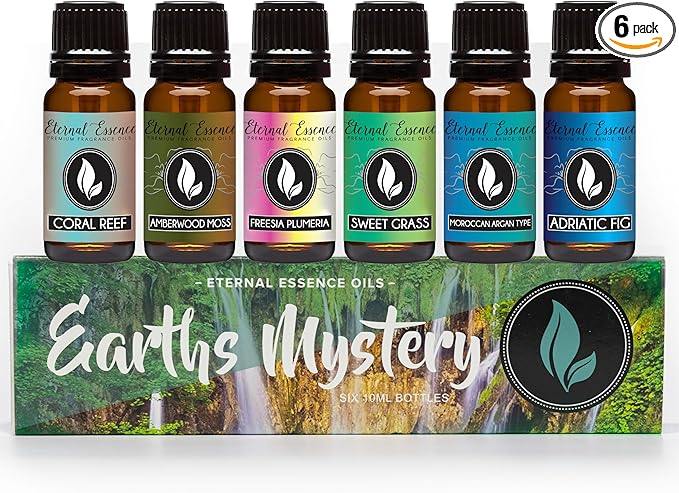 Eternal Essence Oils Earths Mystery Set of 6 Premium Fragrance Oils - Includes Freesia Plumeria, Sweet Grass, Amberwood Moss, Adriatic Fig, Moroccan Argan Type, and Coral Reef Scented Oils - 10ML