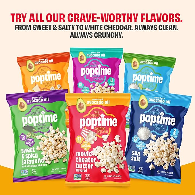 Poptime Movie Theater Butter Popcorn Snack Bags – Gourmet Flavored Popcorn Bags, Healthy Snack With Heart-Healthy Avocado Oil, Gluten Free, Vegan, Low Calorie, Non-GMO, Kosher - 4.75 oz - Pack 12