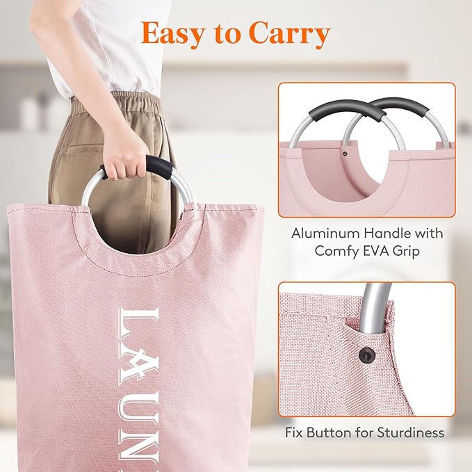 Lifewit 120L 2-Pack Large Laundry Basket, Collapsible Laundry Hamper with Aluminum Handles, Waterproof Freestanding Dirty Clothes Hampers for Laundry Room Bedroom Dorm Bathroom, Pink