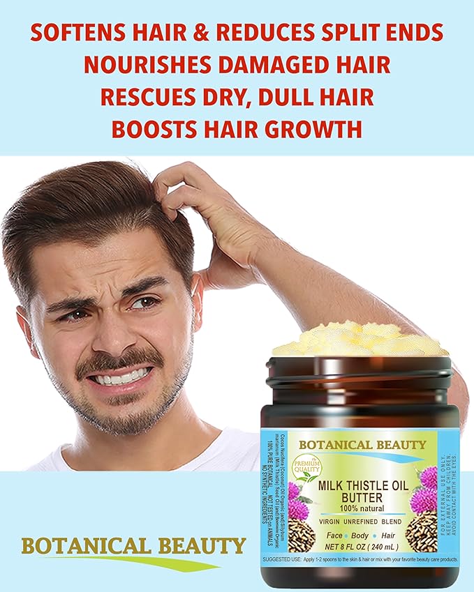 Botanical Beauty MILK THISTLE OIL BUTTER Silybum marianum 100% Natural for FACE, SKIN, BODY, HAIR, NAILS, Foot Care. Foot Oil butter, Skin Moisturizer (4 Fl Oz)