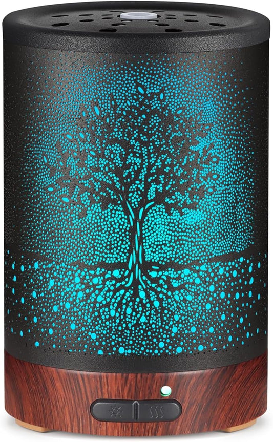 Essential Oil Diffuser- Aromatherapy Diffuser with7 Colors Light and Auto-Off for Women Metal Cool Mist Humidifier for Home and Office(Tree)