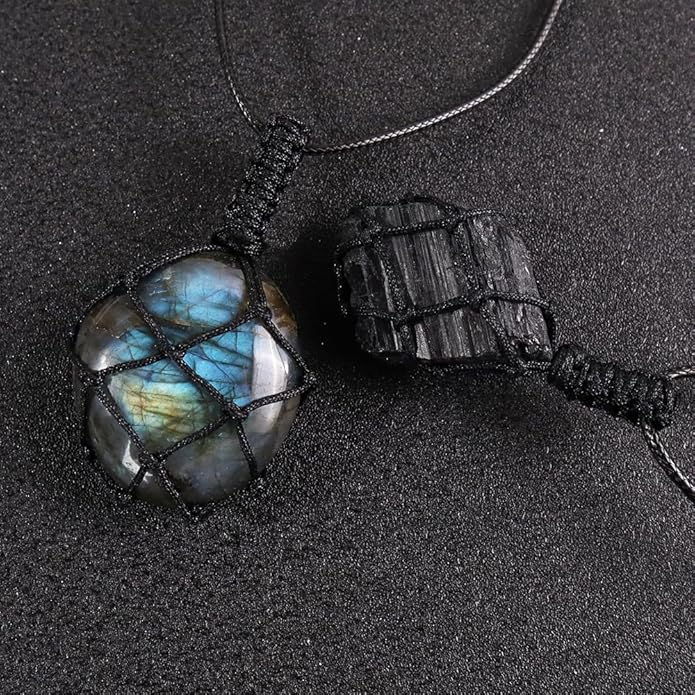 Handmade Natural Gemstone Crystal Pendant Necklace Stone Holder Necklace Cord Net Necklace with Adjustable Length for Women Men