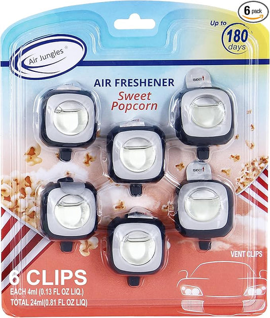 Air Jungles Sweet Popcorn Scent Car Air Freshener Clip, 6 Vent Clips, 4ml Each, Long Lasting Air Freshener, Up to 180 Days Car Refresher Odor Eliminator