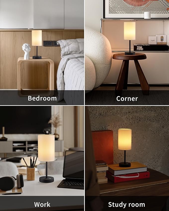 KDG Simple Cordless Table lamp, Portable Bedside 5000mAh LED Desk Lamp, 3 Brightness Levels Emergency Light, Linen Lampshade for Living Room, Bedroom, Dining Room, Night Light (Black)