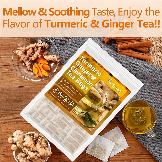 60 Bags Premium Turmeric Ginger Cinnamon Tea Bags Organic,100% Natural Ginger Turmeric Herbal Tea,Supports Digestion,Skin Health & Sleep,Veganism No Sugar, No Caffeine, No Gluten (1)