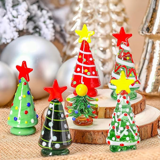 6 Pcs Mini Christmas Tree Glass Gifts Set Ornaments Small Glass Christmas Tree Gifts Holiday Dollhouse Miniature Winter Figurines for Crafts DIY Holiday Xmas Party(Regular,2.36 Inch)
