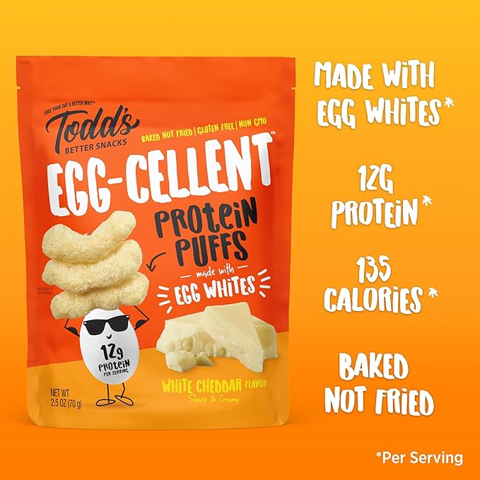 Todd's Better Snacks Egg-Cellent Protein Puffs, White Cheddar – 12g Protein, Gluten-Free, Paleo-Friendly, Baked, GLP-1 Compliant – Healthy Snack, Made with Egg Whites – 2.5 Oz (Pack of 4)