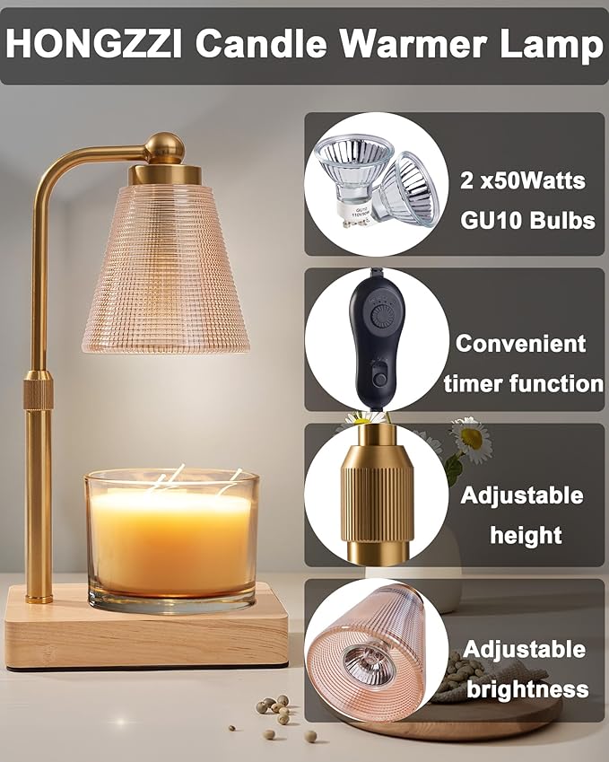 Candle Warmer Lamp - Electric Candle Warmer with Timer, Adjustable Height & Brightness, 2 Replacement Bulbs, 1-Year Warranty - Perfect for Jar Candles, Kitchen, Living Room, Bedroom (Gold)