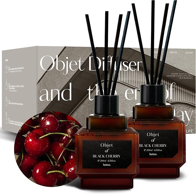 hetras Objet Diffuser Gift Set 6.7 fl.oz. 2 Pack | Black Cherry Scent | Long-Lasting Scented Room Fresheners with 8 Reed Sticks for Home Fragrance Bedroom Bathroom Shelf Décor